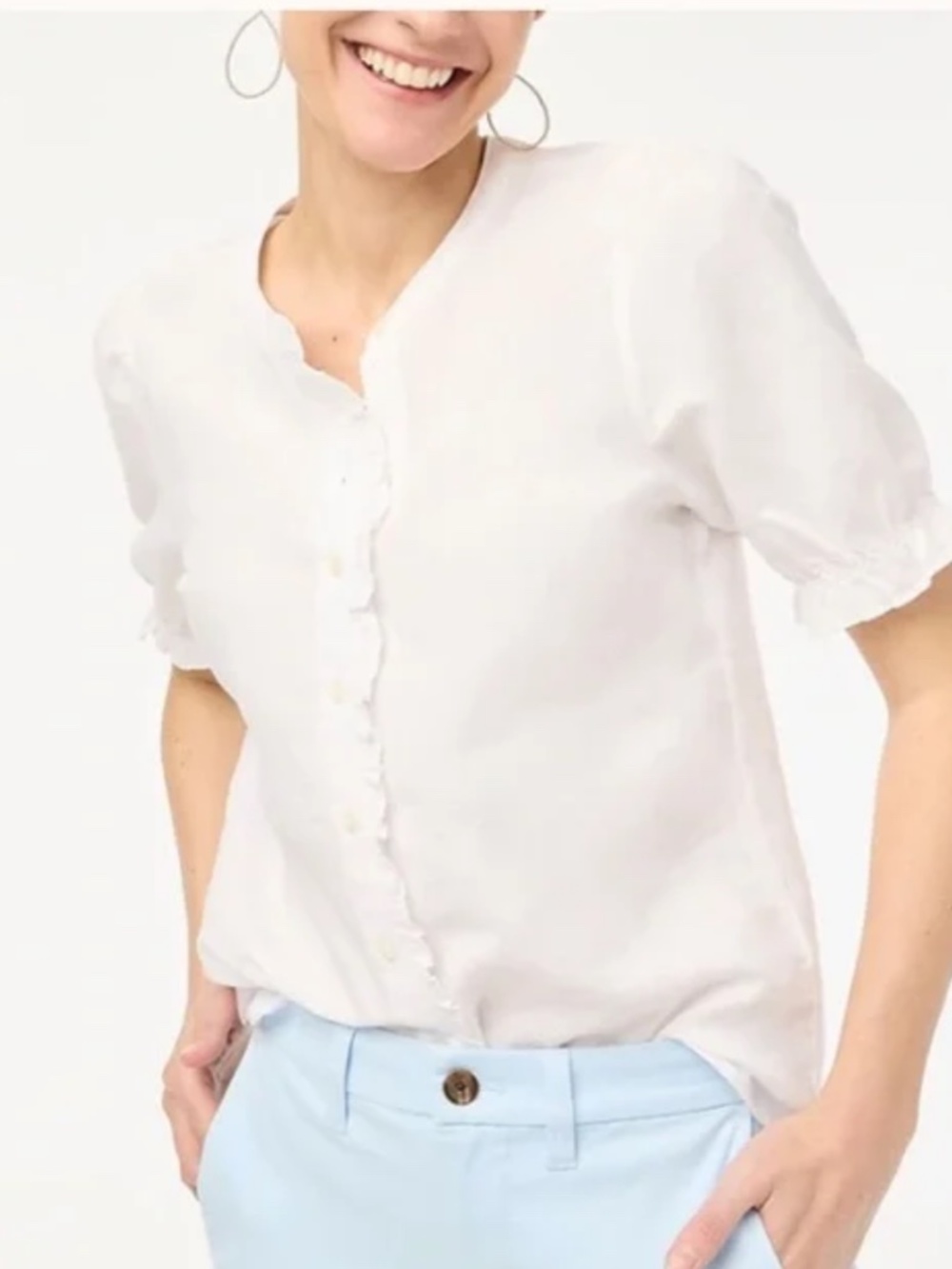 Jcrew Linen-blend ruffle top with puff sleeves